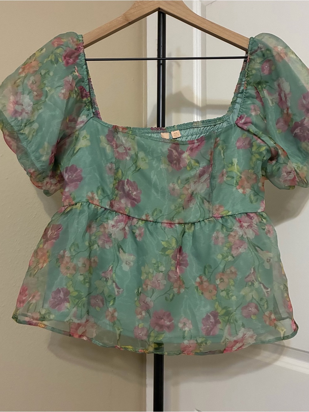 Sage Green Floral Puff Sleeve Peplum Top XL